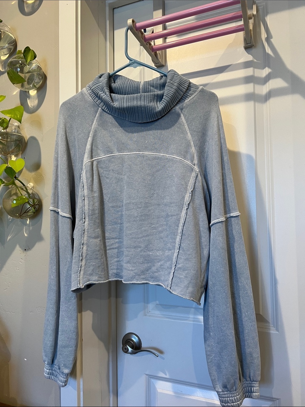 aerie Light Blue Cropped Cowl Neck Sweater